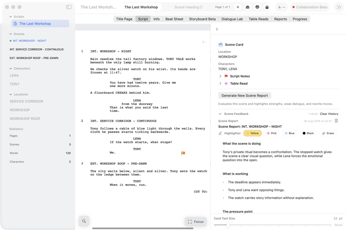 ForgePad formatting a scene from The Last Workshop with scene navigation and script notes