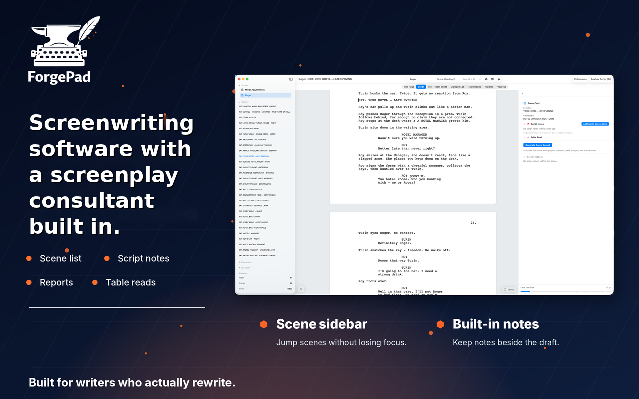 ForgePad screenplay editor and scene consultant