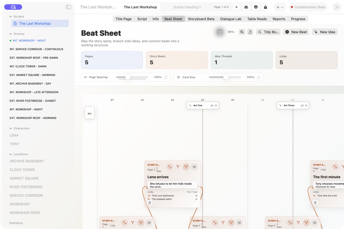 ForgePad visual beat sheet with connected story beats