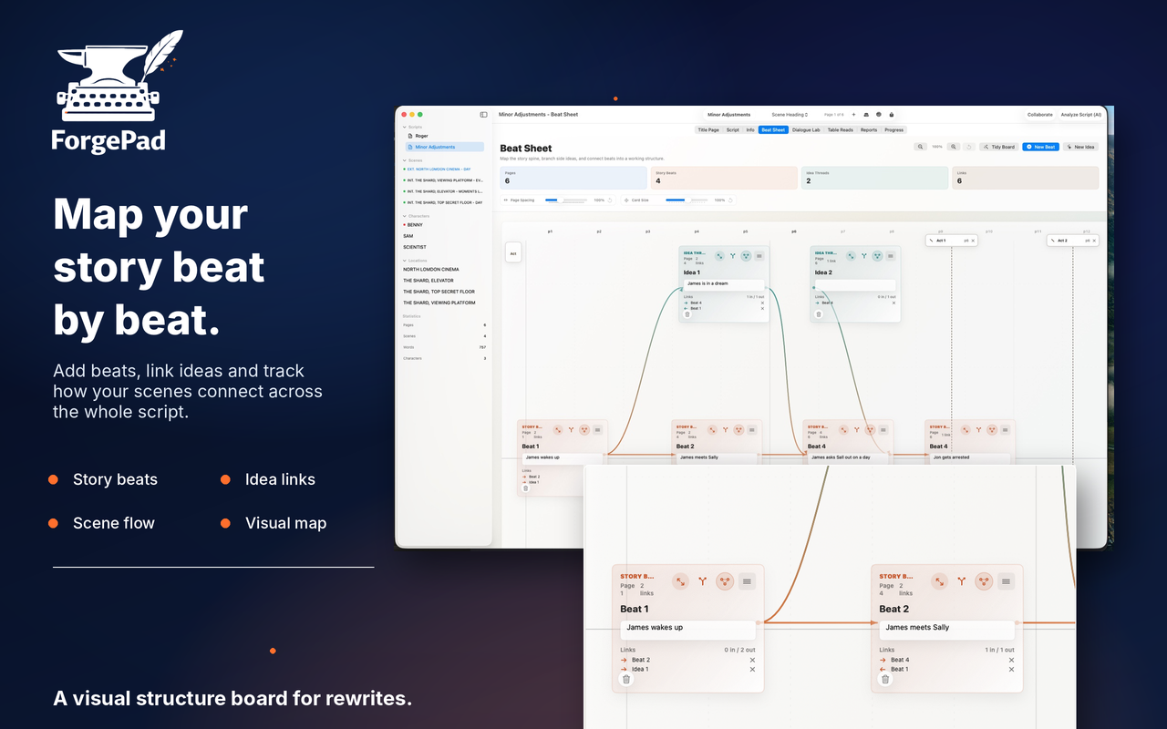 ForgePad visual beat sheet with connected story beats