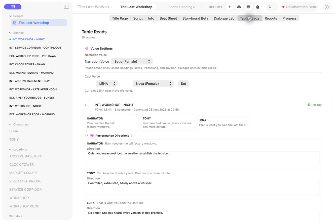 ForgePad table read with character voices and scene playback