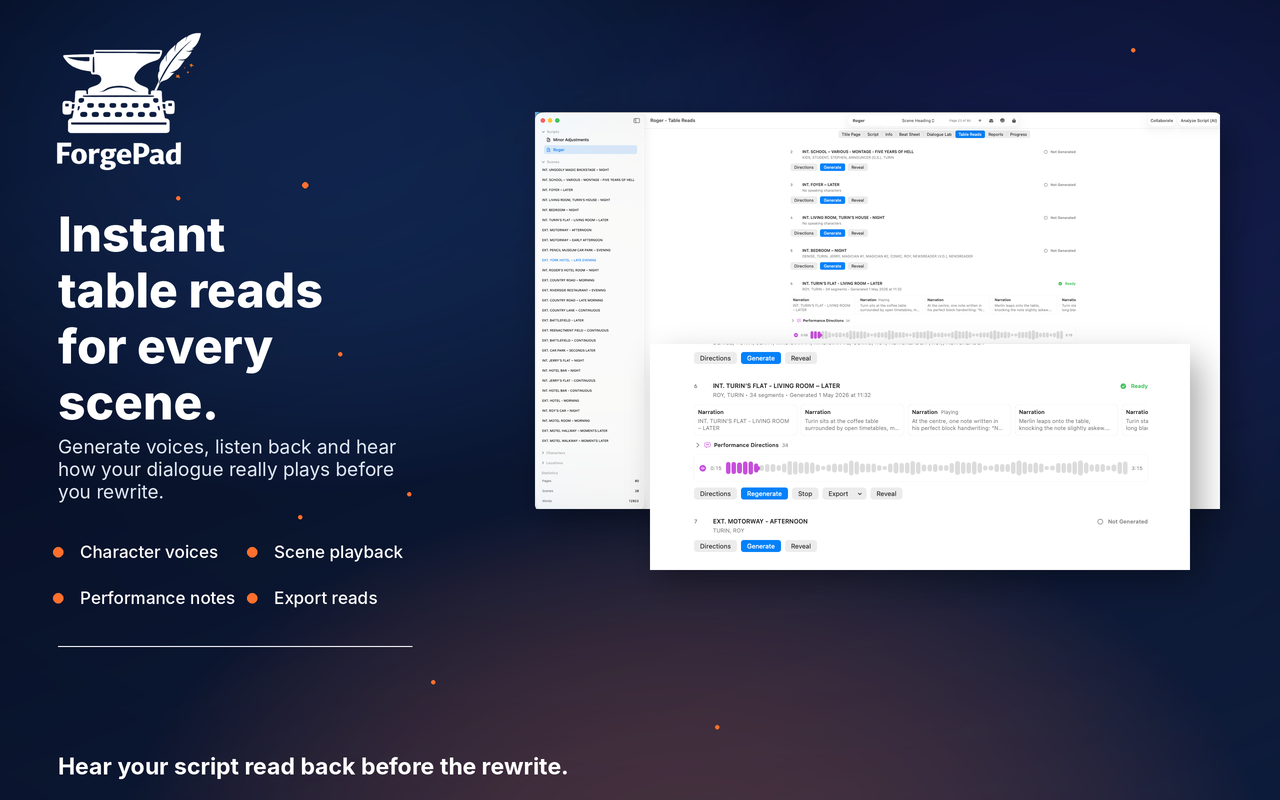 ForgePad table read with character voices and scene playback