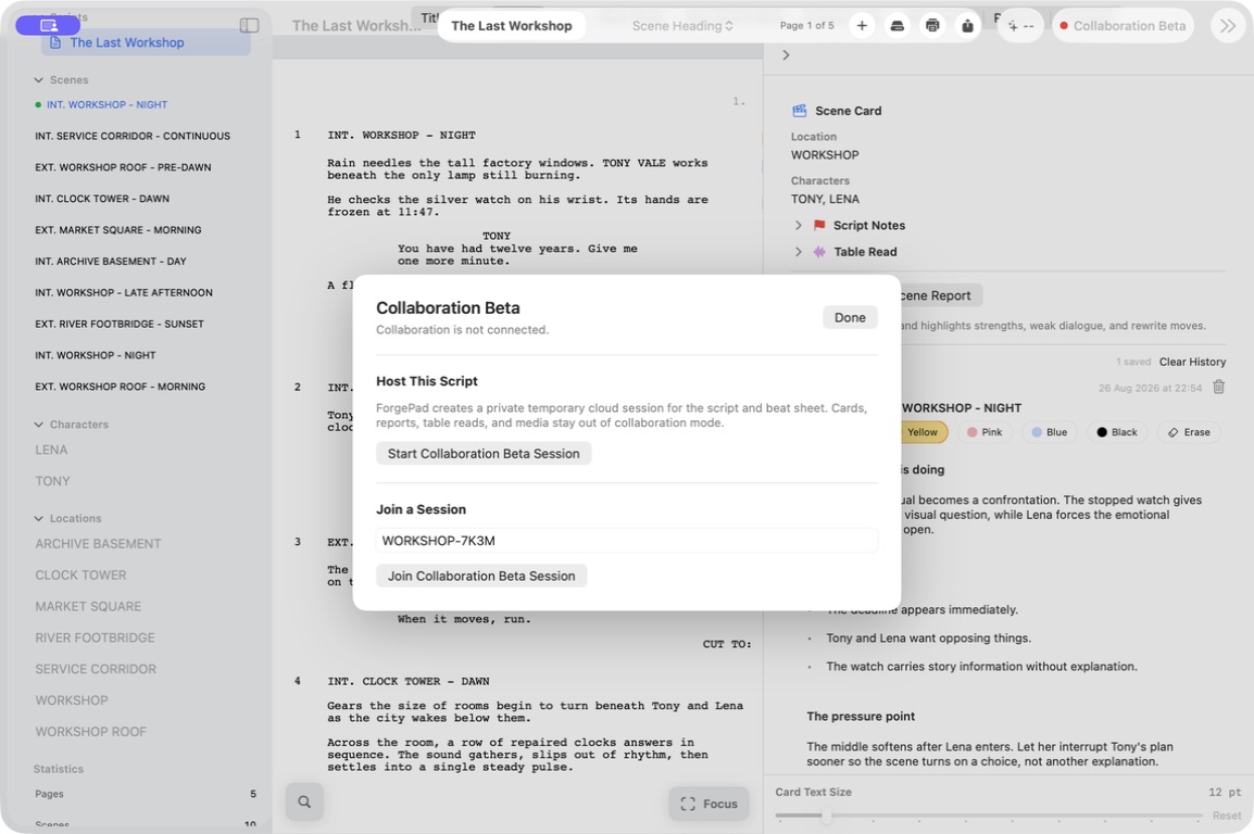 ForgePad collaboration controls over an open screenplay