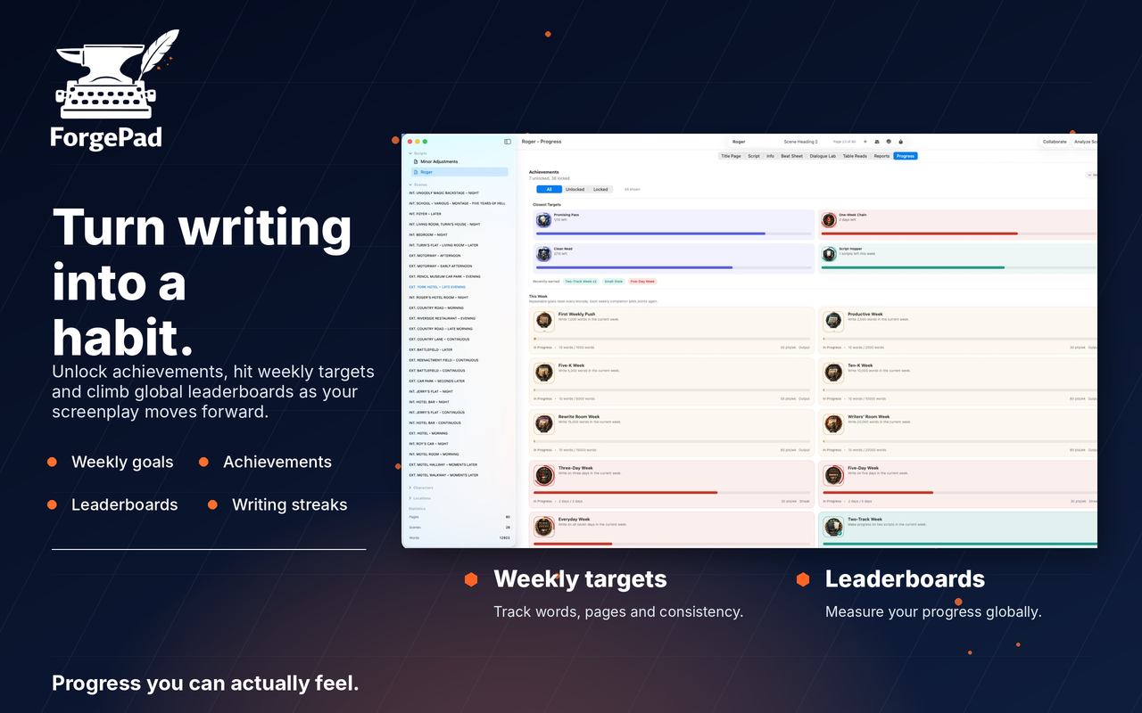 ForgePad writing goals, achievements and leaderboard