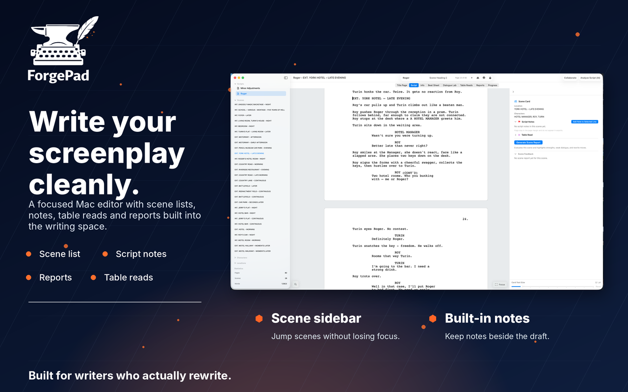 ForgePad screenplay editor with scene list, formatted screenplay pages and built-in notes