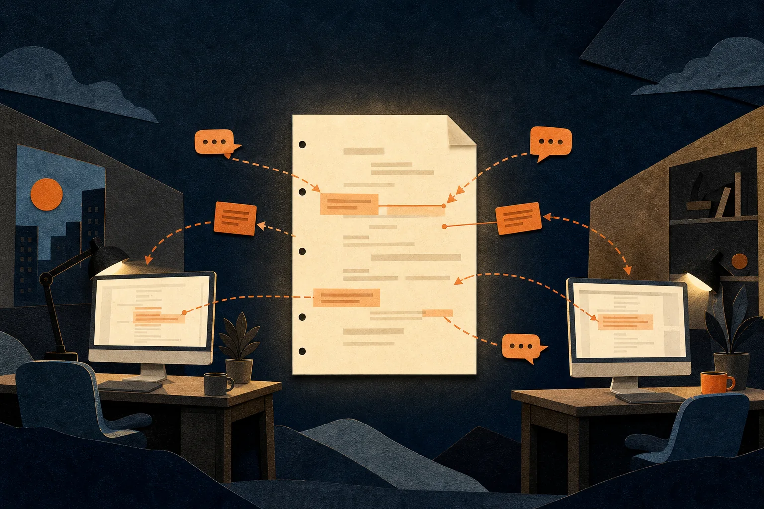 Two writing desks connected through one shared screenplay