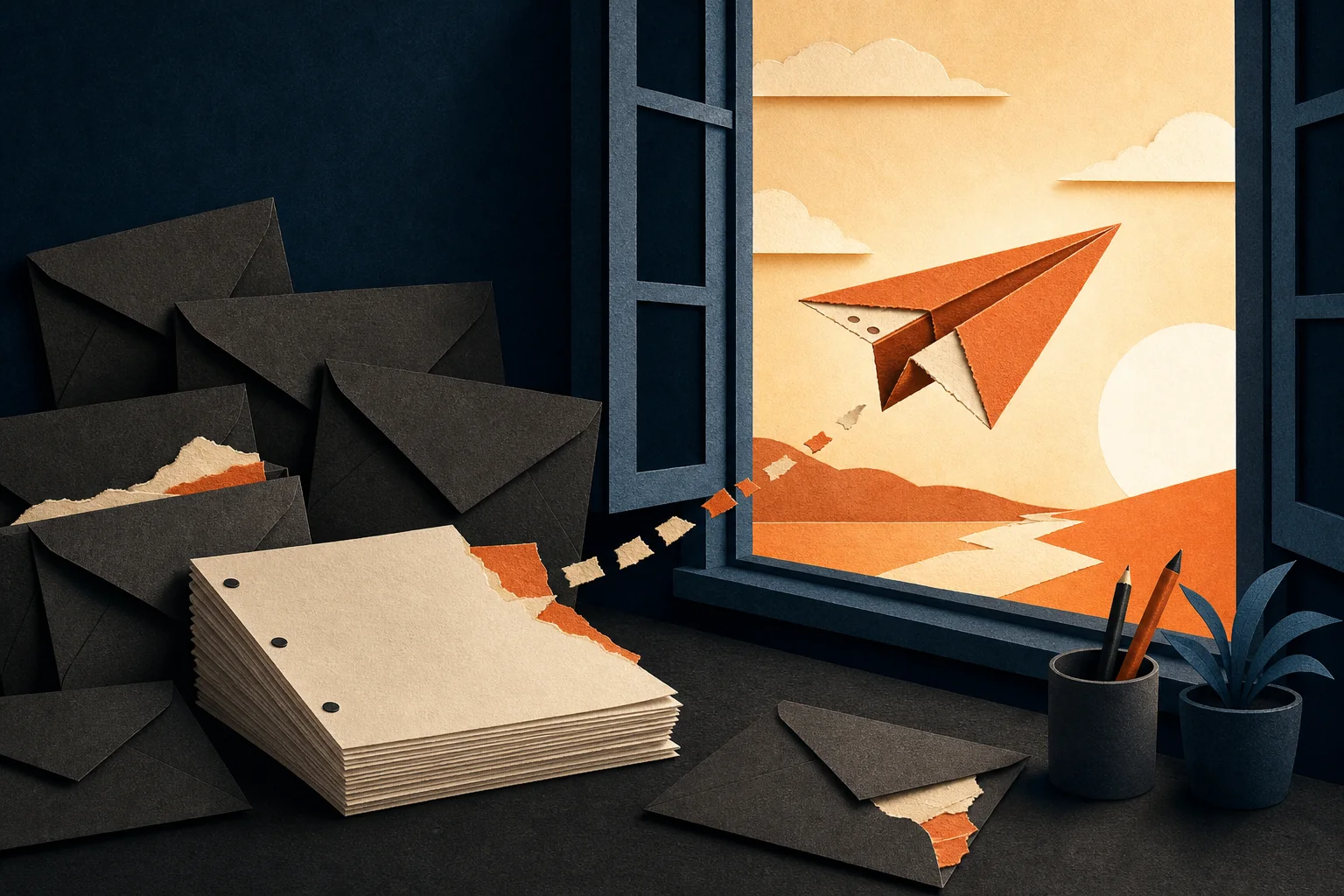 Returned screenplay envelopes beside a paper plane flying through an open window