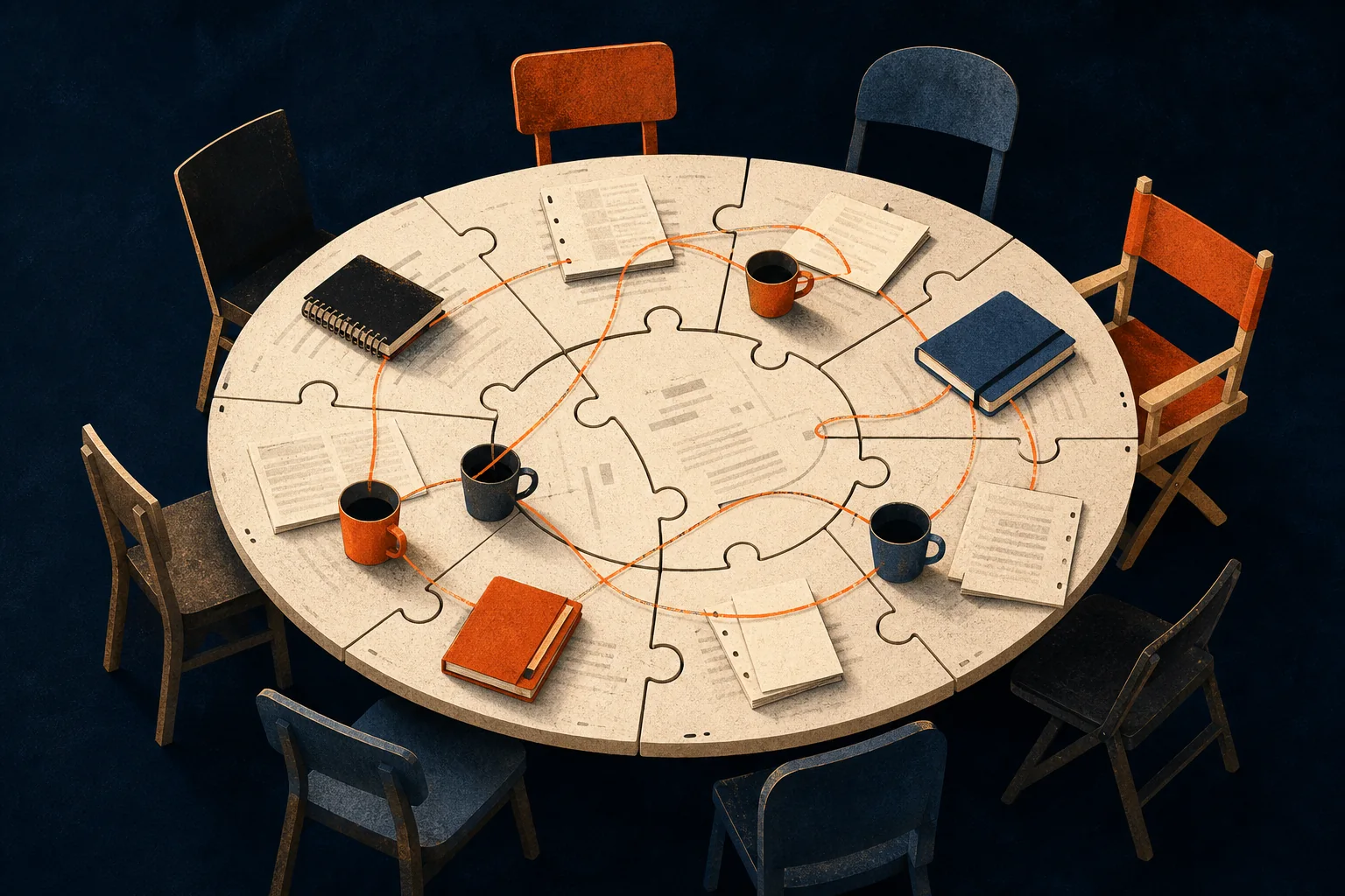Script pages and notebooks gathered around a shared circular table
