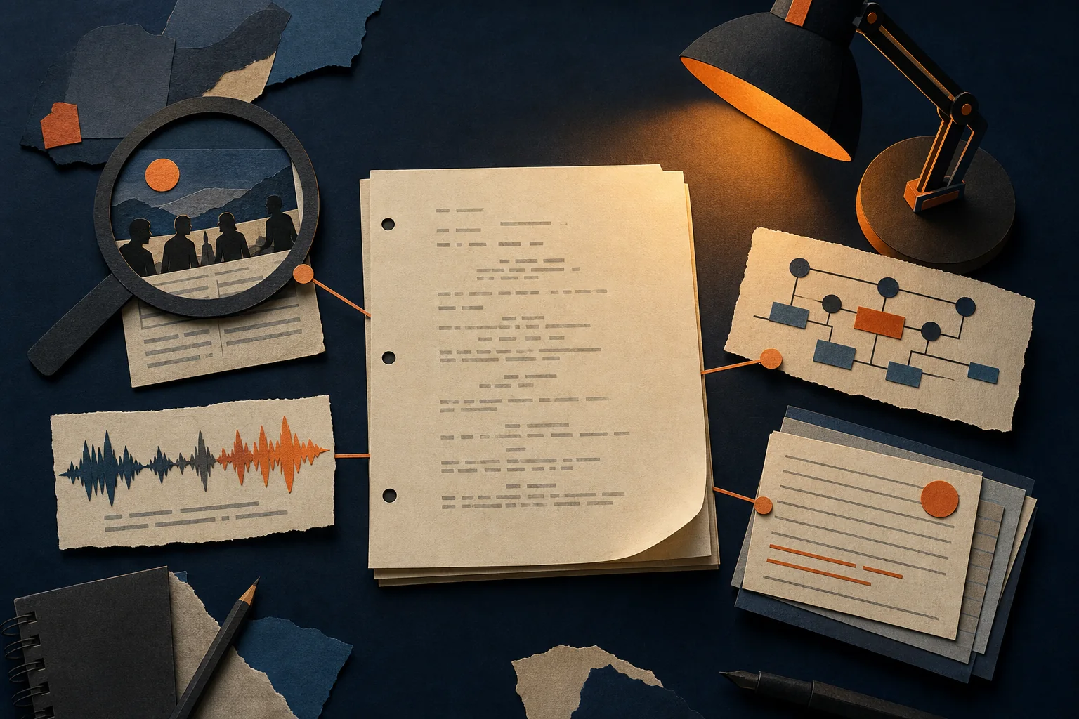 A screenplay surrounded by practical analysis tools and a warm consulting light
