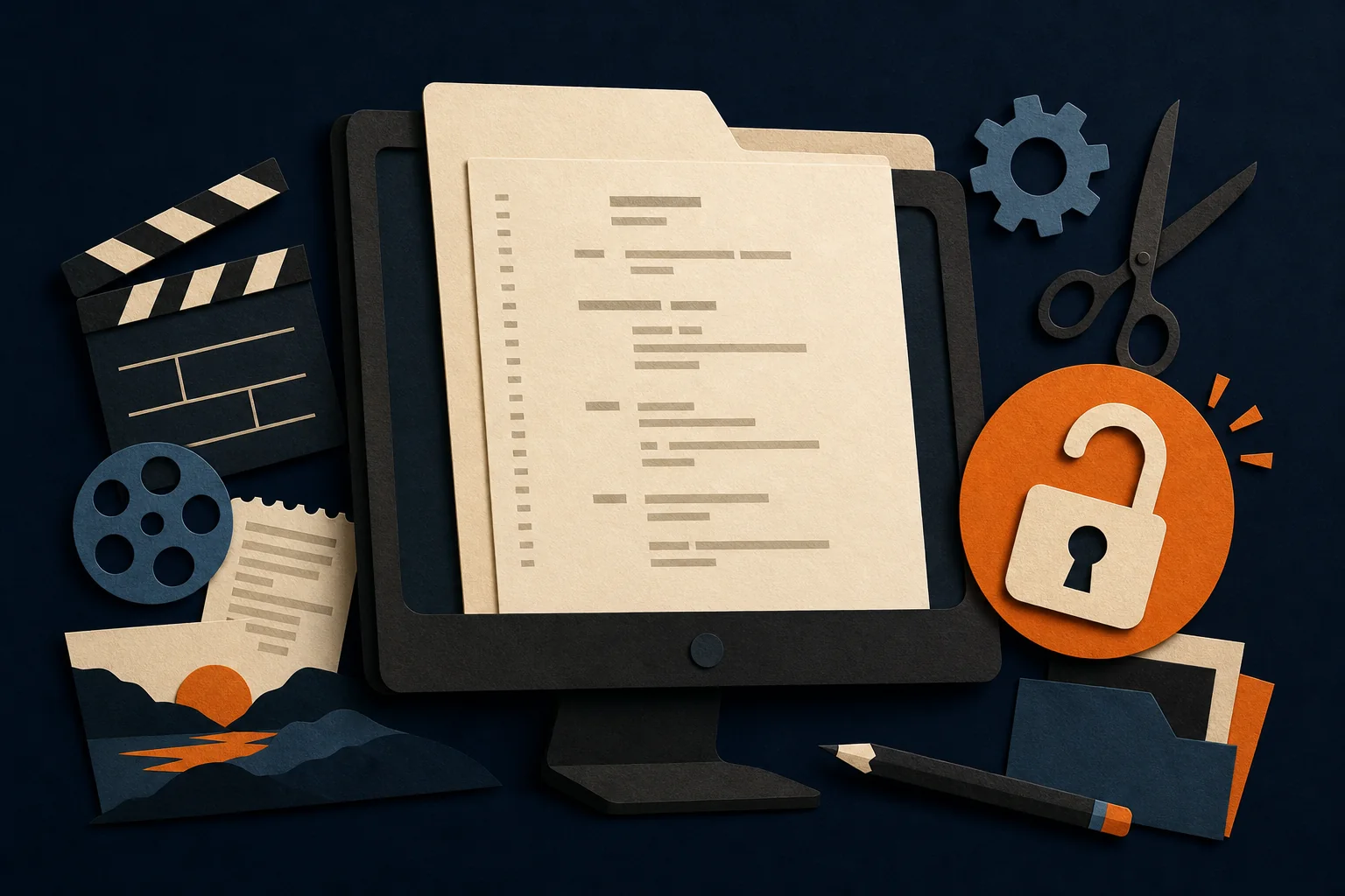 A clean screenplay editor surrounded by practical filmmaking tools and an open lock