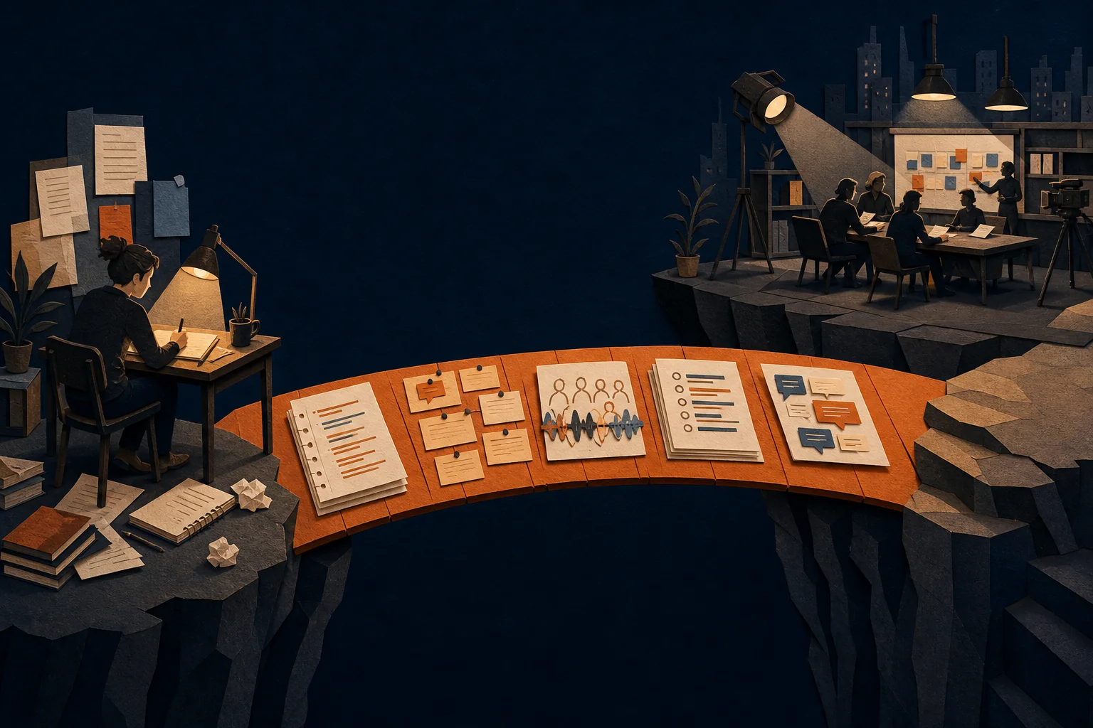 Screenwriting tools forming a bridge from a home desk to a professional process