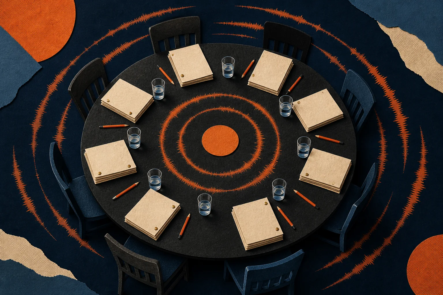 Script copies and pencils arranged around a circular read-through table