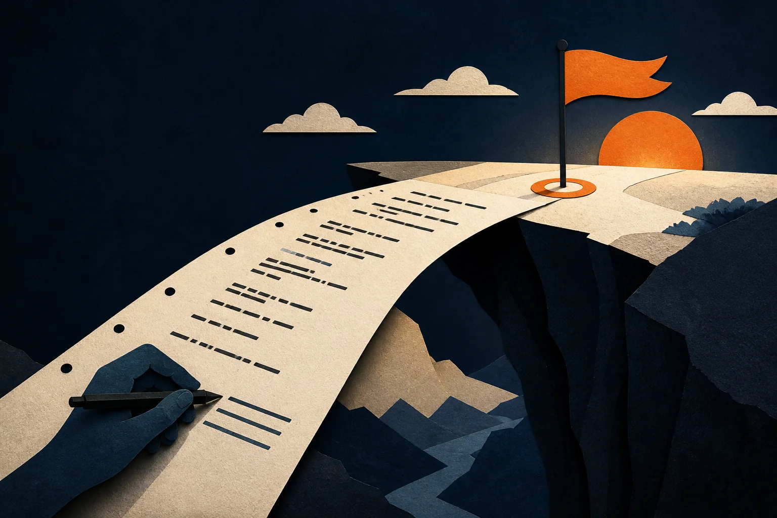 A screenplay page crossing a final gap towards an orange finish flag