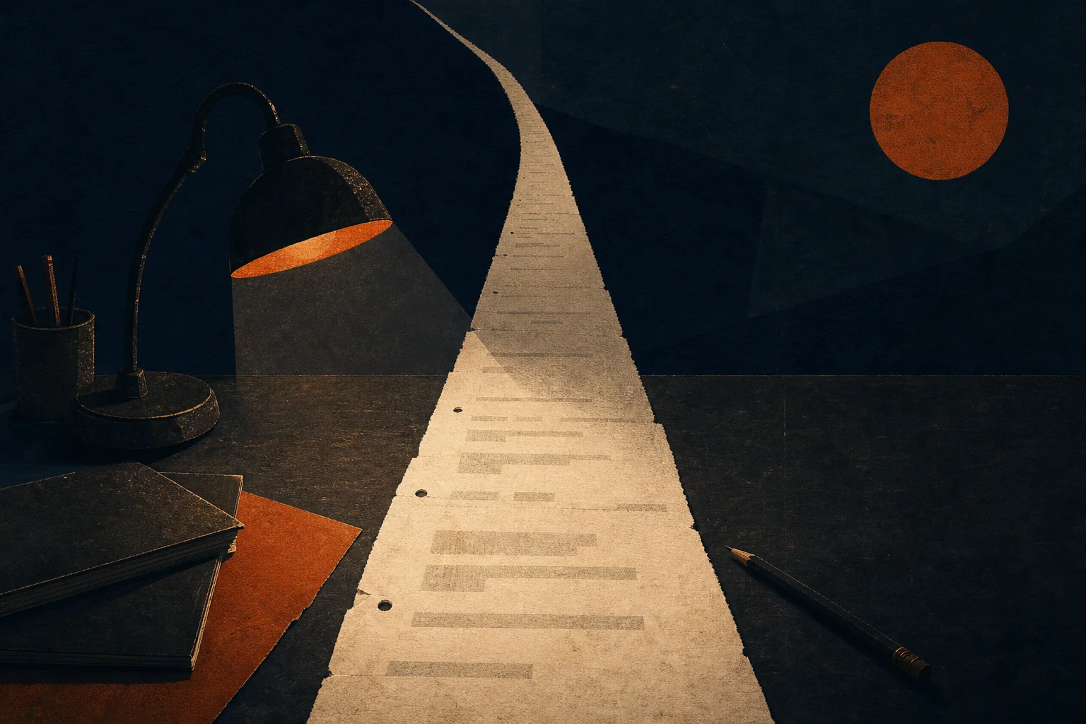 A screenplay page becoming a lit path through the dark