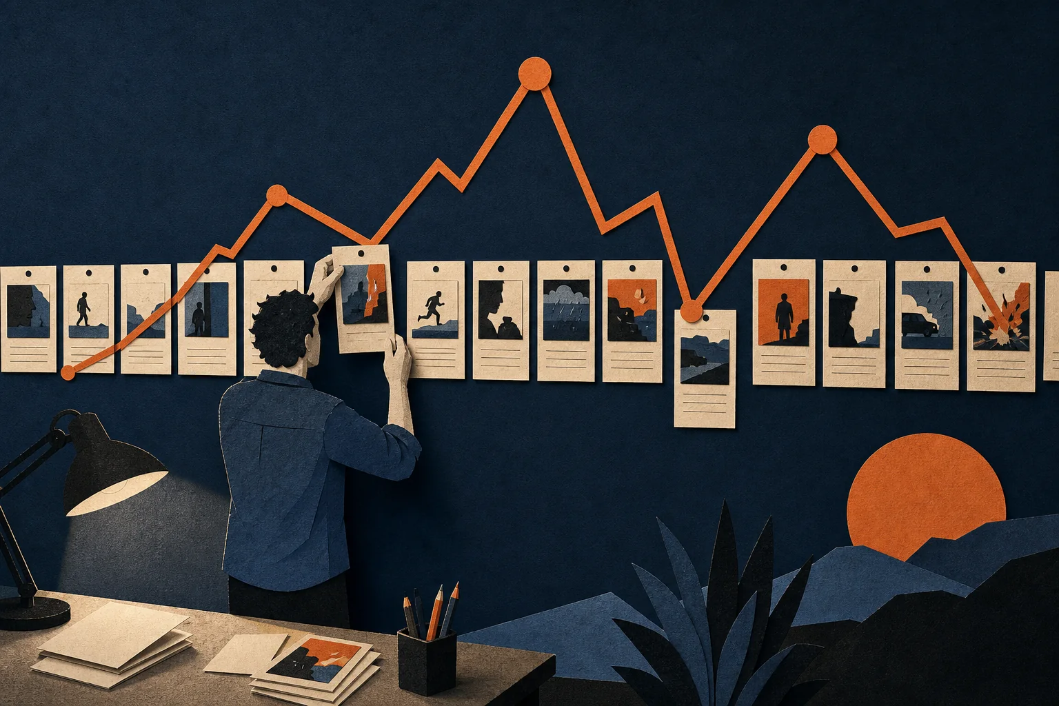 Story cards arranged beneath an orange dramatic rhythm line