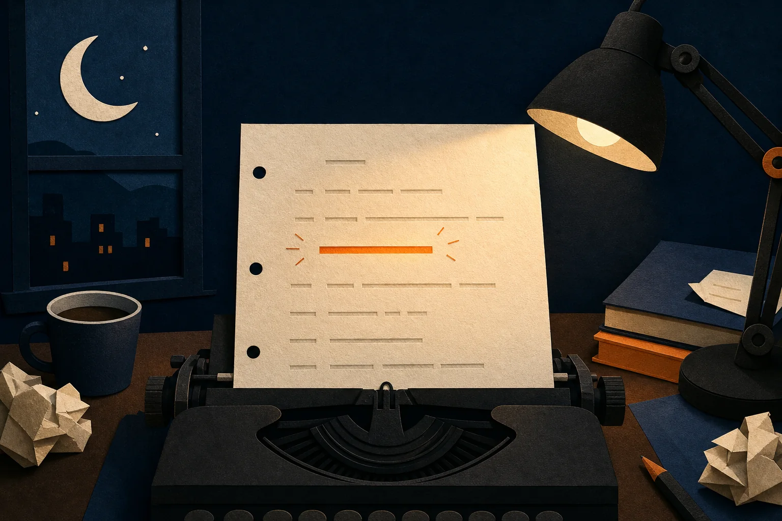 A late-night screenplay page glowing gently under a desk lamp