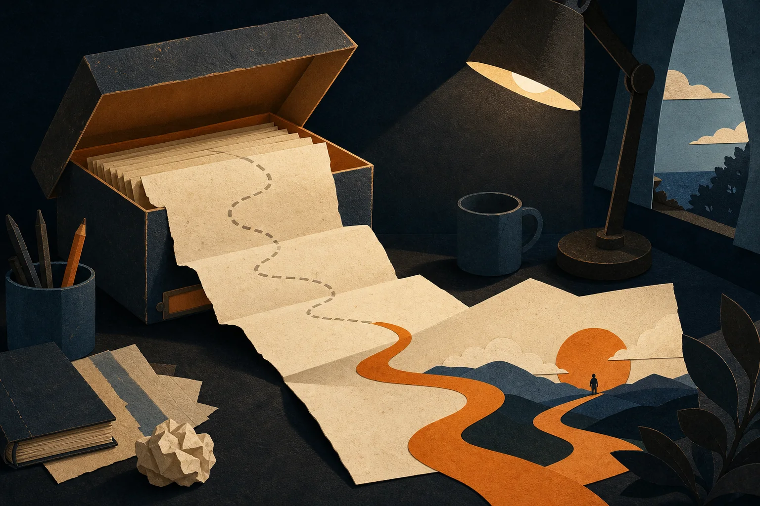 An archived screenplay reopening into a fresh orange path