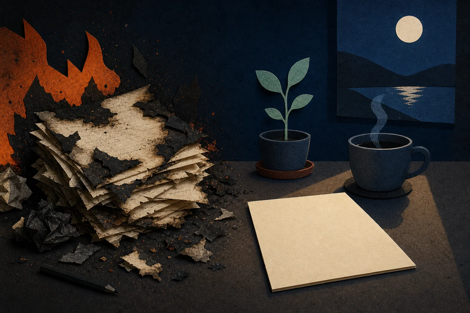 Scorched screenplay pages beside a fresh blank page and a growing plant