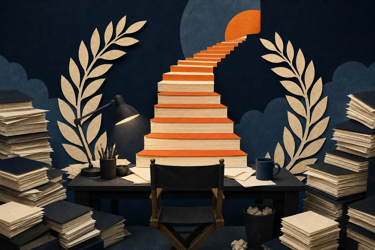 A staircase of screenplay pages rising between stacks of scripts and laurels