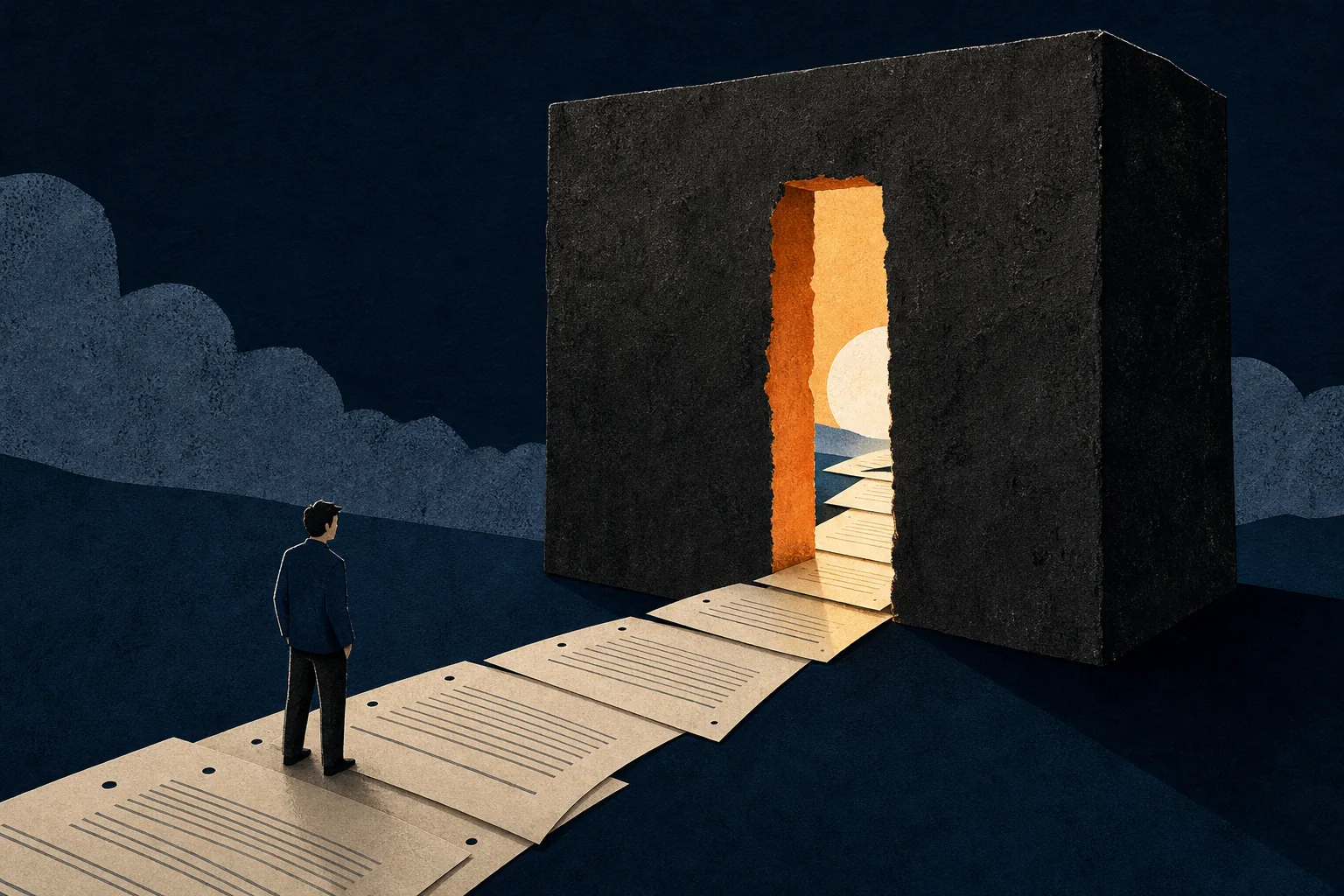 A path of screenplay pages passing through a bright doorway in a dark block