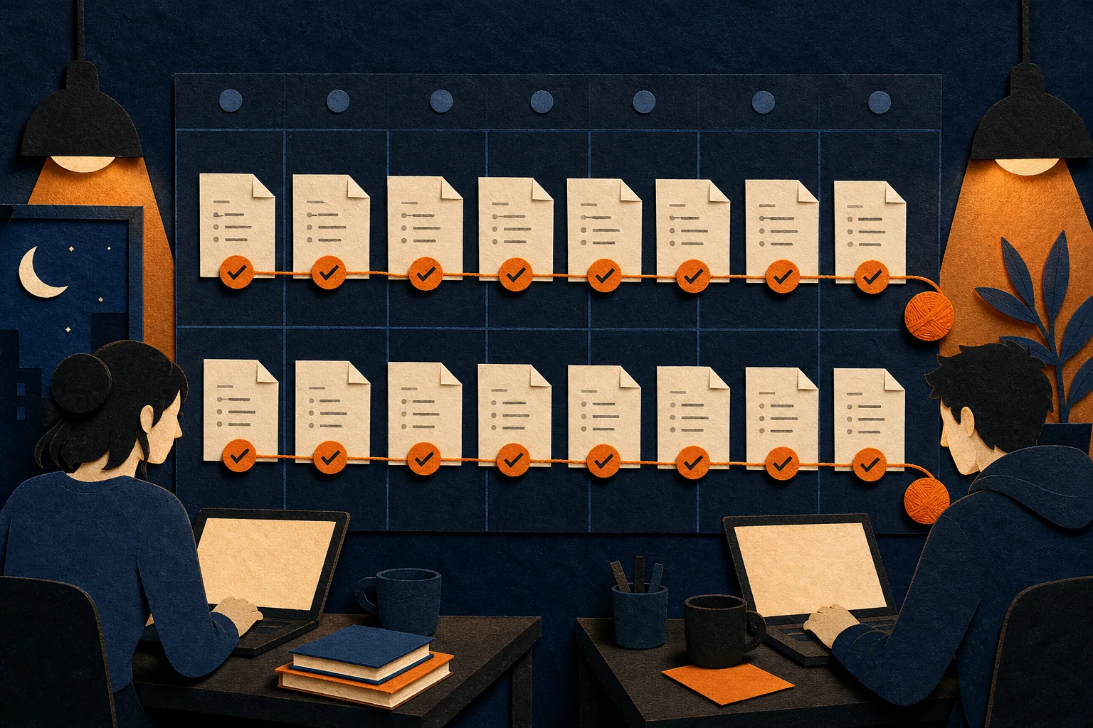 Two rows of screenplay pages progressing together across a calendar wall