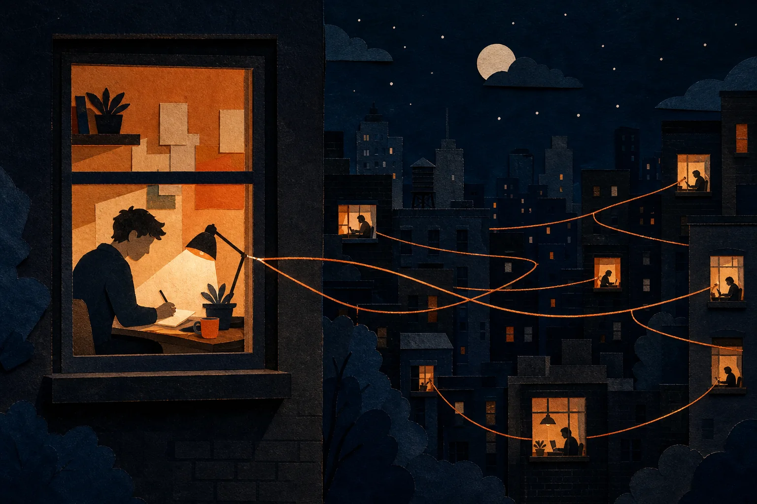 Writing desks in distant windows connected by warm lines across a night city