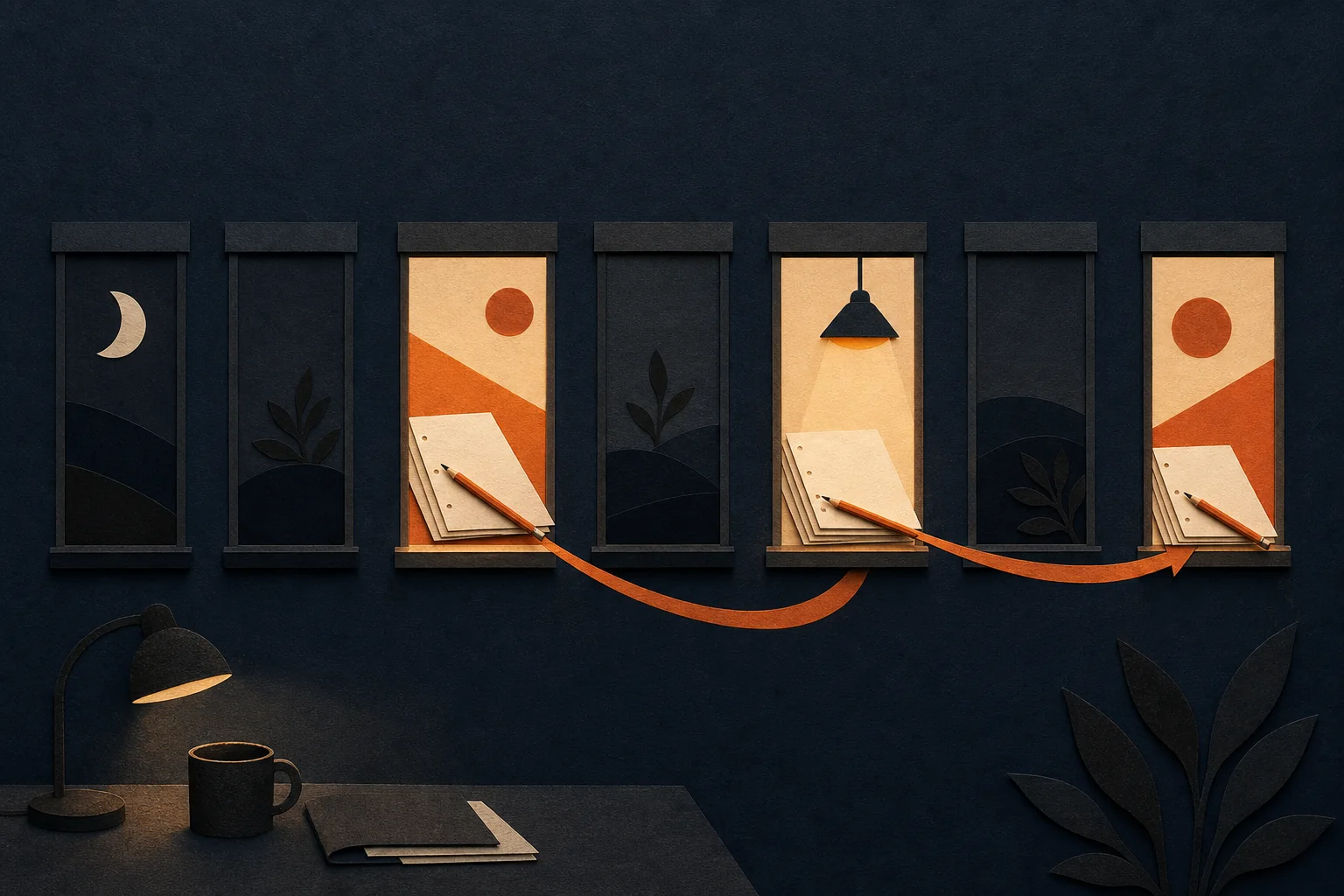 A sequence of evening writing windows connected by an orange line