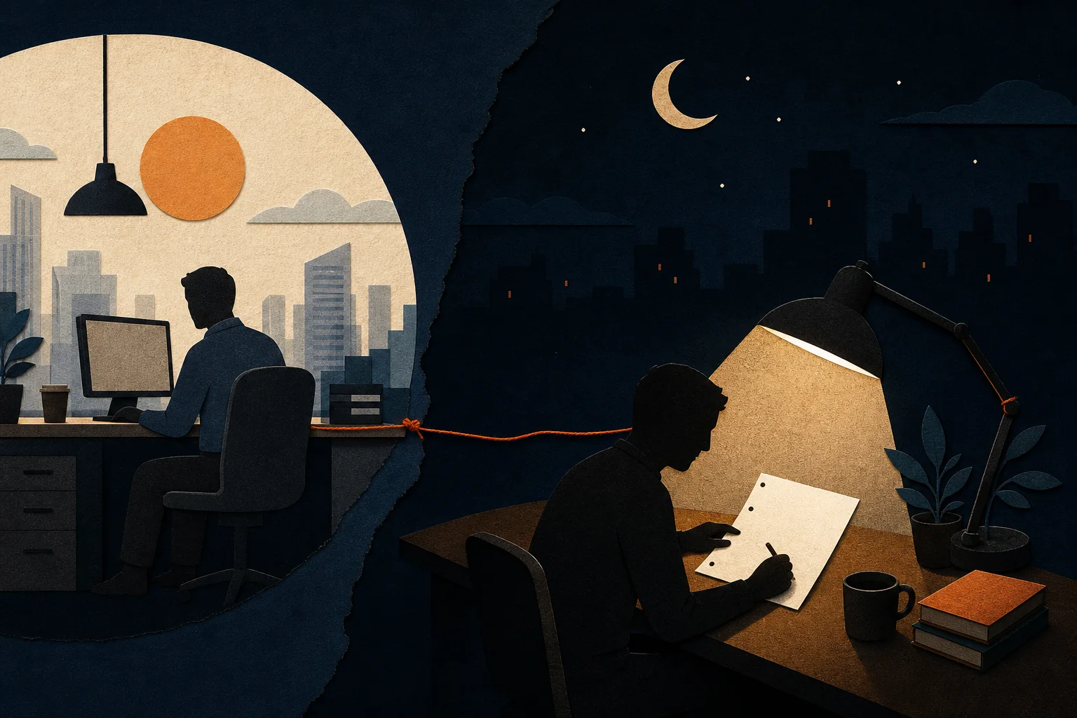 Daytime and evening writing desks connected across a working day